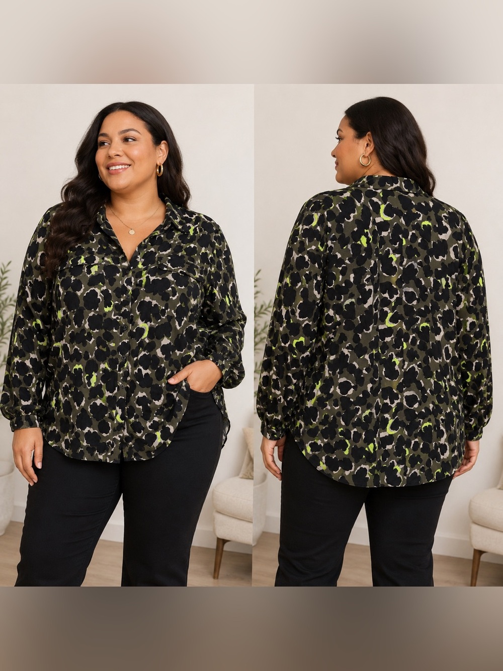 ELOQUII Sz 26 Plus Leopard Animal Print Button Front  Casual Work Blouse Pockets
